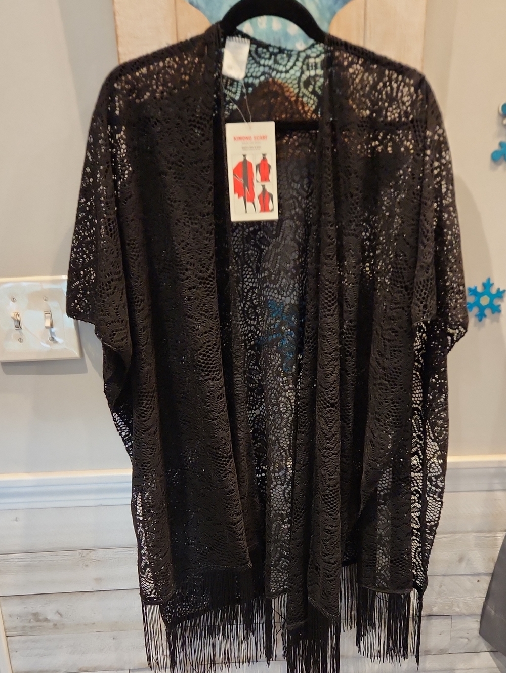 Black Lace Fringe Swim Cover-Up Kimono Scarf